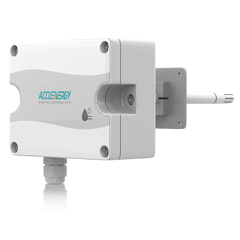 Front-left angled view of the AcuHUM DM duct mount relative humidity and temperature sensor
