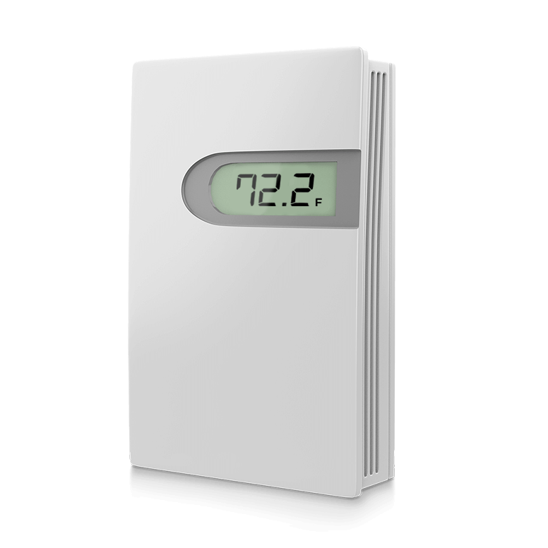 Front-left angled view of the AcuTEMS RM room mount temperature sensor
