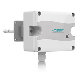 Front-right angled view of the AcuHUM DM duct mount relative humidity and temperature sensor